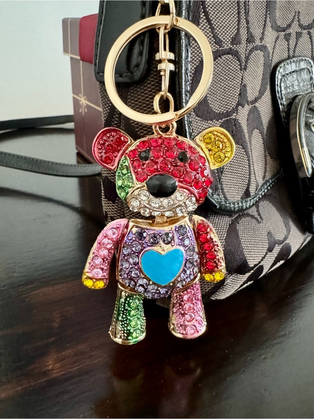 Large 5” Rainbow Crystal Movable Teddy Bear Blue Heart Purse Charm NWOT - Picture 3 of 4